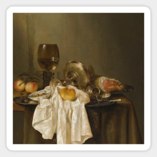 A Banketje Still Life With A Roemer, A Silver Tazza On Its Side, A Ham, Peaches, A Salt Cellar, A Bread Roll And A White Cloth On A Partly Draped Table by Willem Claeszoon Heda Magnet